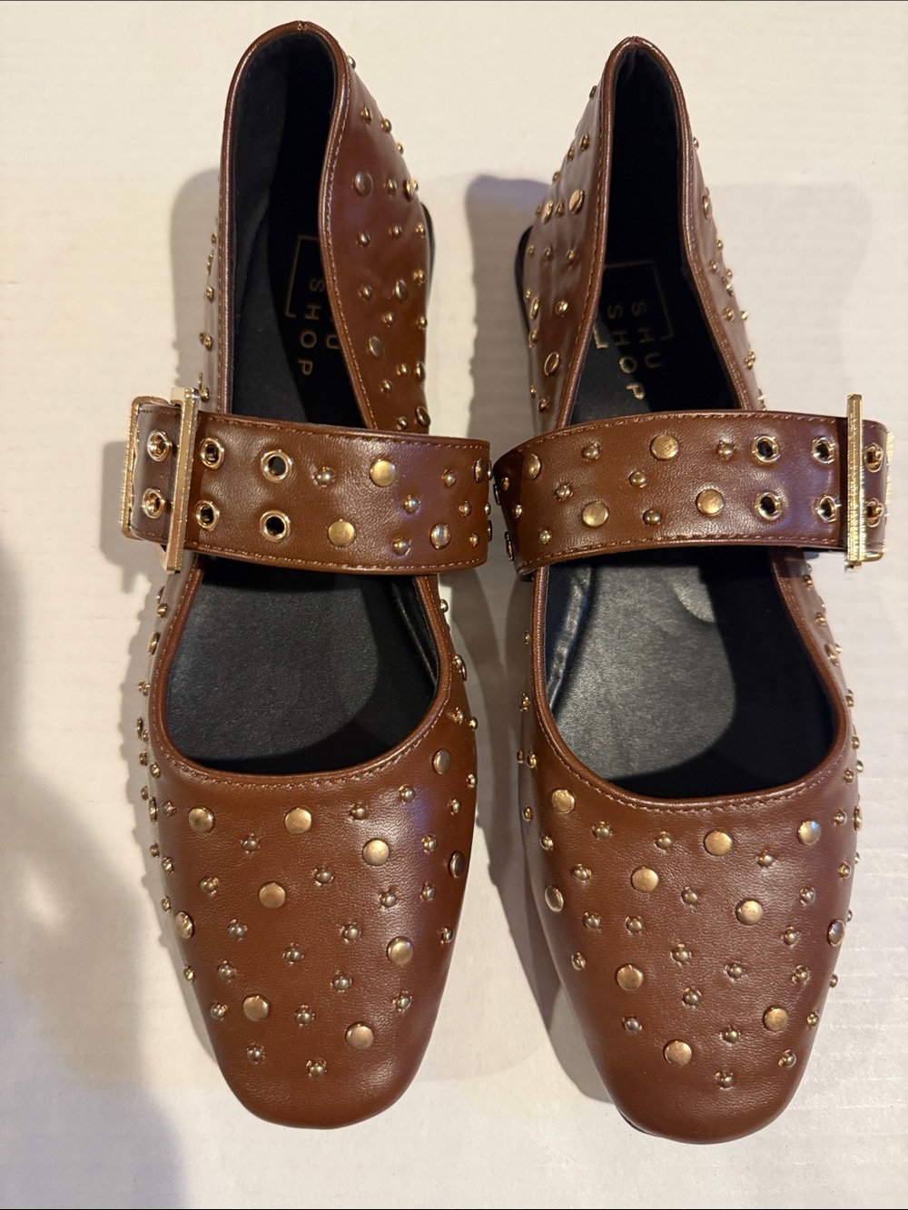 ShuShop Brown Studded Mary Jane Flats